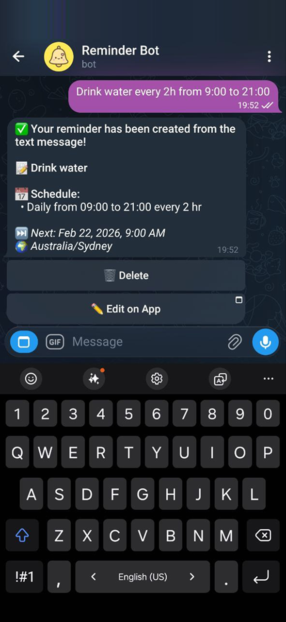 KindlyRemindly — creating a reminder via text message